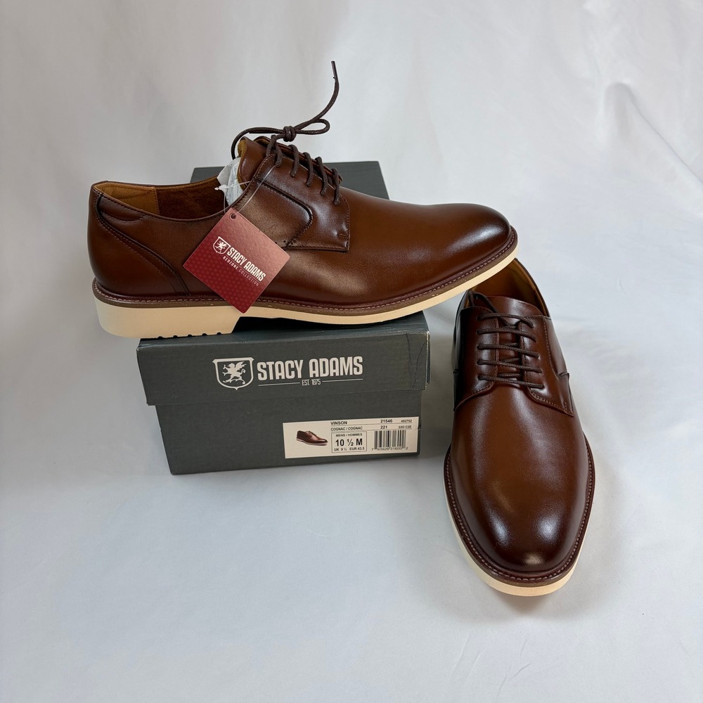 Stacy Adams Vinson Mens Cognac Plain Toe Oxford Shoes 21546-221 Size 10.5 M